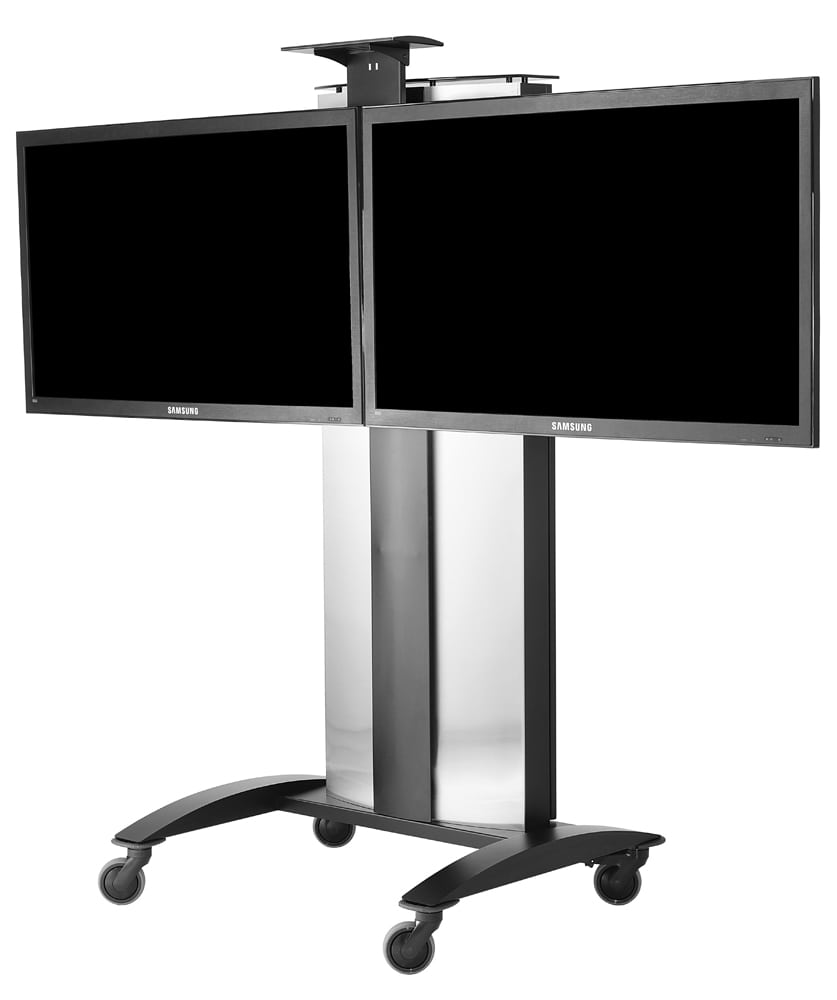 Two large tv screens mounted side-by-side on silver metal display stand with four roller wheels Product Photography