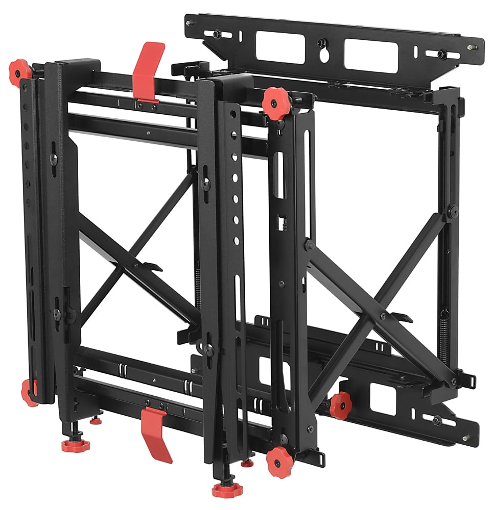 black tv screen mounting bracket with red knobs and handles Product Photography