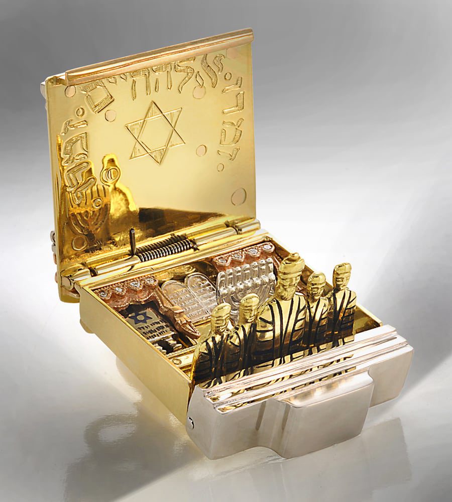 Gold pop open box featuring row of robed men, Rabbi in center and tow on either side, who flip up when opened and Jewish symbols embedded behind including menorah, ten commandments tablets and star of David Product Photography