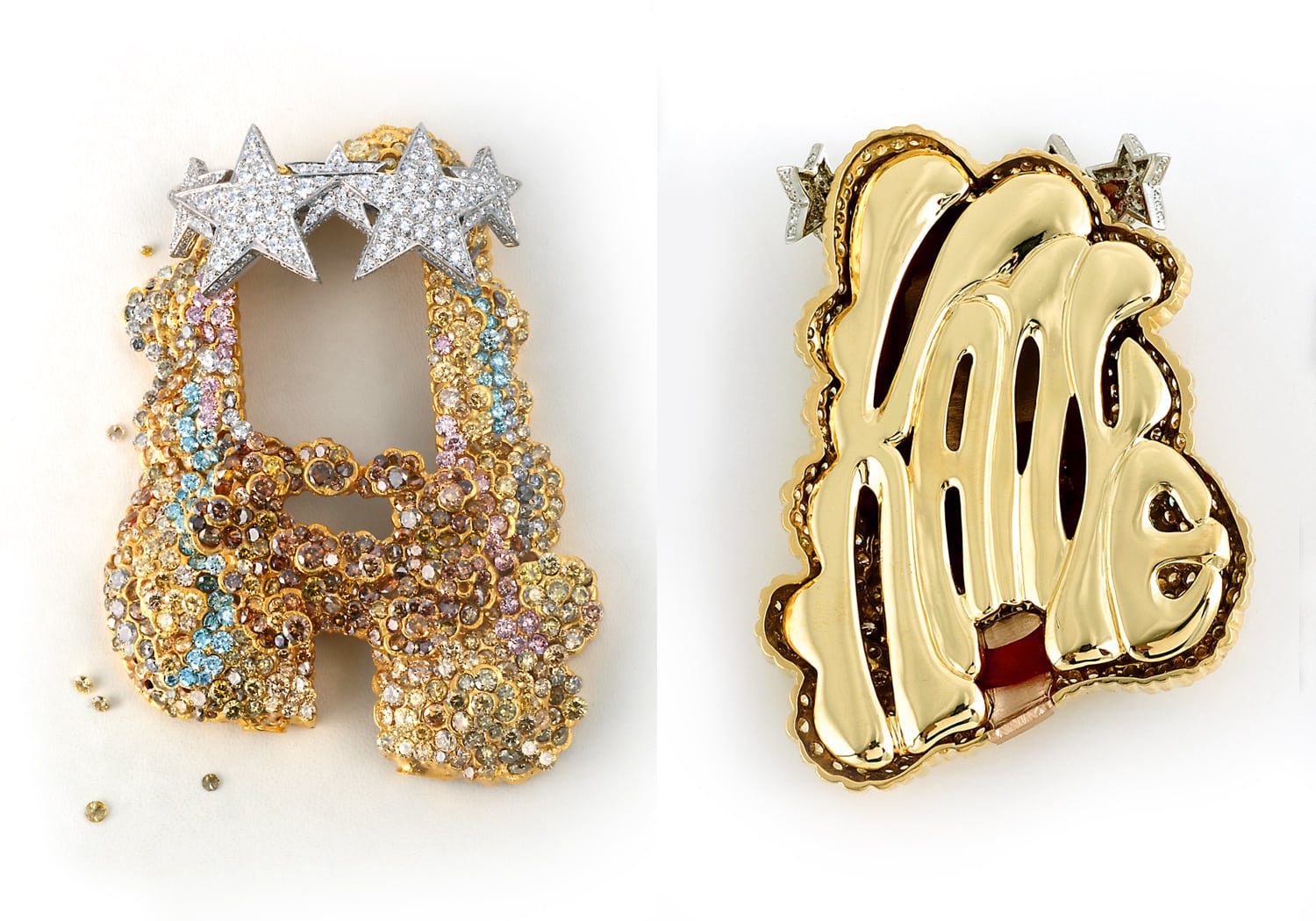 Front and back views of unfinished large Jesus pendant with colored stone pave on front and Diamond stars on top and large letters spelling Kanye on back Product Photography