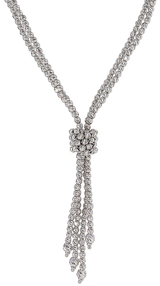 Textured silver beaded bola with four strands and circled in center with beads for length adjustment