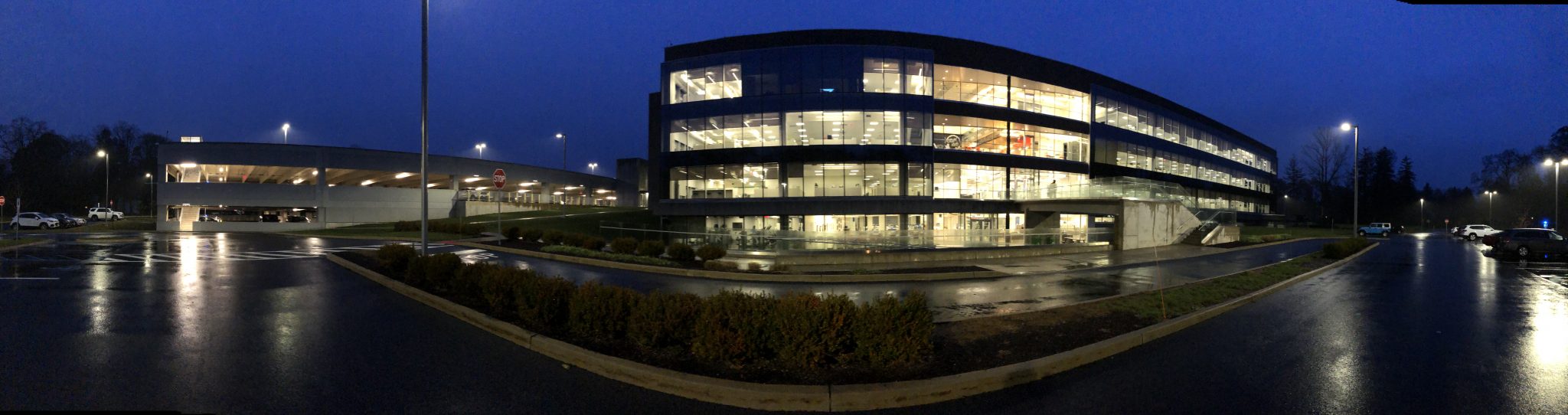 Insurance company building at night