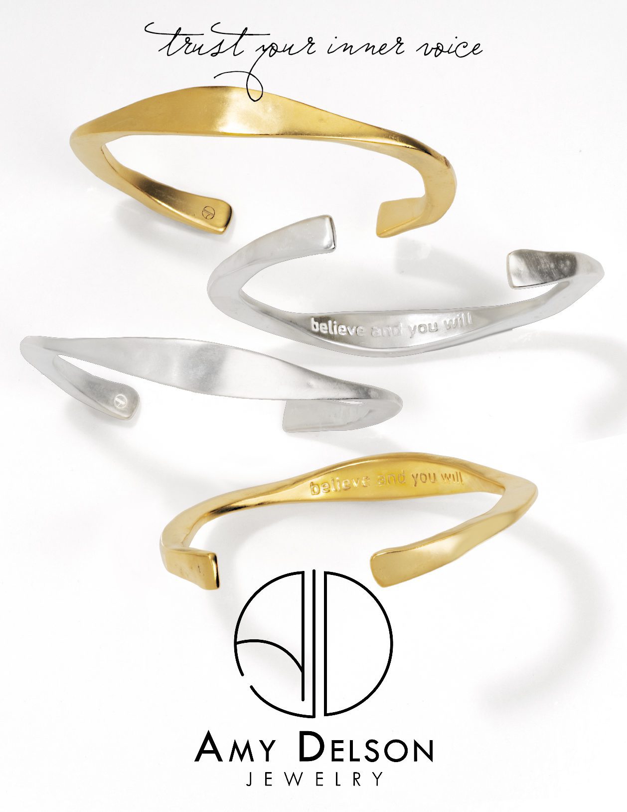 Four Bracelets vertically arranged on page with logo at bottom. "Trust your inner voice" caption at top